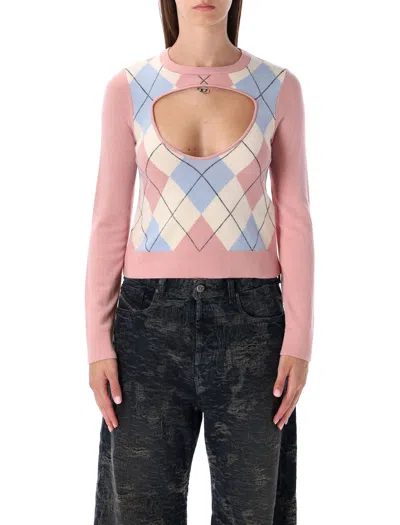 Diesel Cut-out Jumper In Argyle Wool In Pink