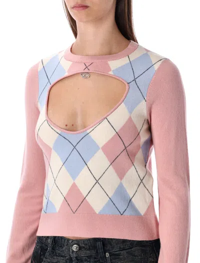 Diesel Cut-out Jumper In Argyle Wool In Pink