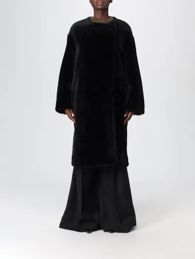 Totême Open Front Shearling Mid-length Coat In Black