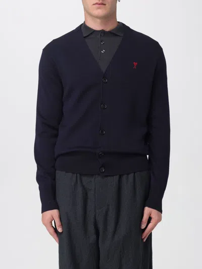 Ami Alexandre Mattiussi Ami Paris Men Blue Cardigan With V Neck And Adc Embroidery On The Front In Wool Blend Man