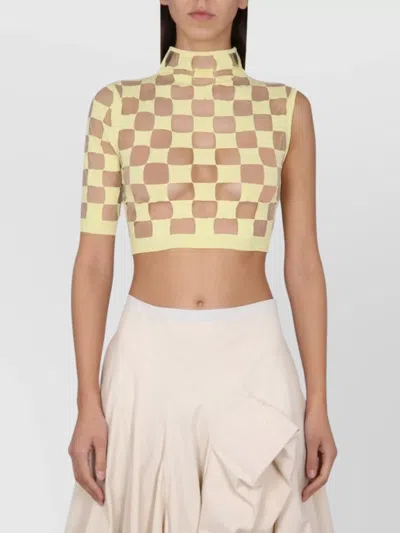 Max Mara Cropped Checkered Asymmetrical Mock Neck Top In White