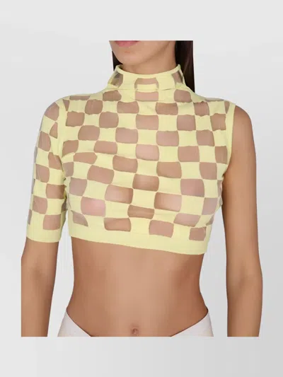 Max Mara Cropped Checkered Asymmetrical Mock Neck Top In White