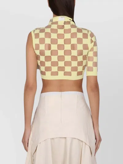 Max Mara Cropped Checkered Asymmetrical Mock Neck Top In White
