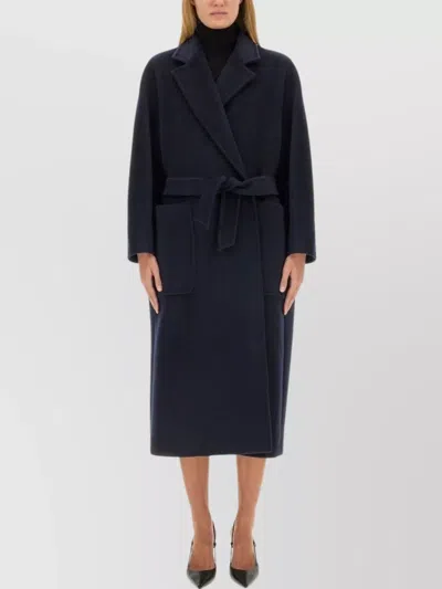 Max Mara Long Oversized Coat With Belt And Pockets In Blue