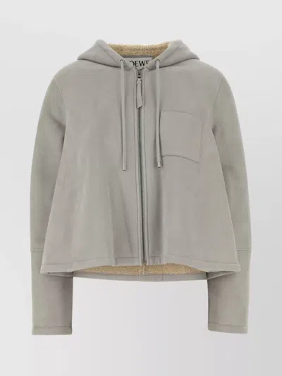 Loewe Suede Hooded Jacket Long Sleeves In Gray