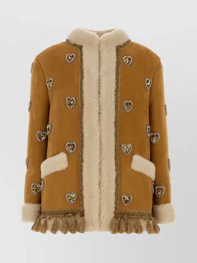 Valentino Shearling Jacket With Heart Motifs And Tassels In Brown