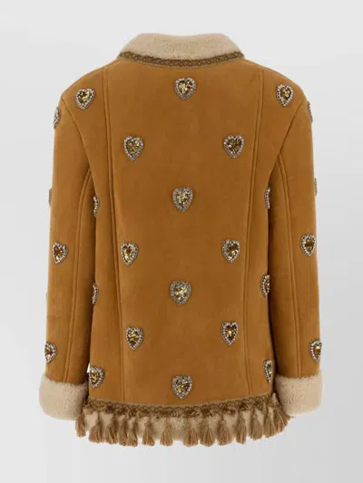 Valentino Shearling Jacket With Heart Motifs And Tassels In Brown