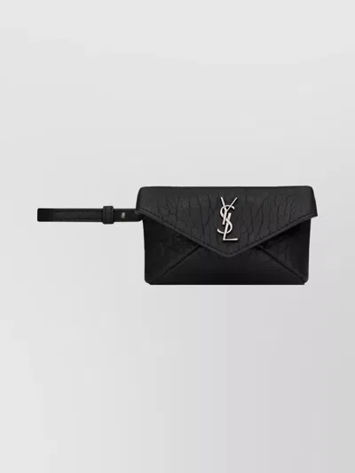 Saint Laurent Textured Leather Wrist Strap Clutch Bag In Black