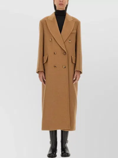 Max Mara Double Breasted Long Coat With Flap Pockets In Brown