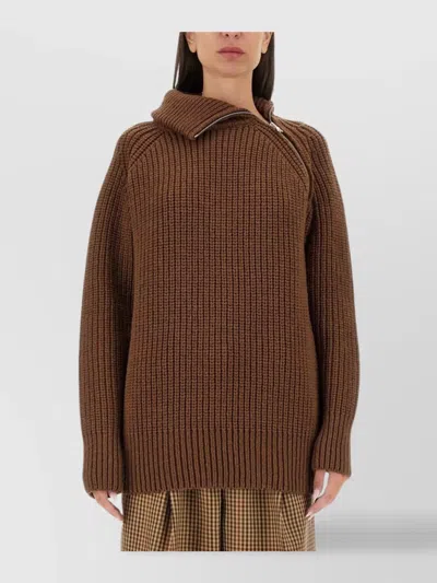 Dries Van Noten Asymmetric Zip Long Sleeve Knit Top In Brown