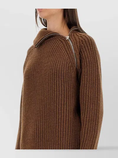 Dries Van Noten Asymmetric Zip Long Sleeve Knit Top In Brown