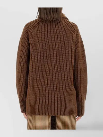 Dries Van Noten Asymmetric Zip Long Sleeve Knit Top In Brown