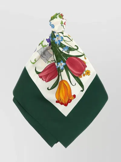 Gucci Floral Square Scarf Featuring Rolled Edges In Green