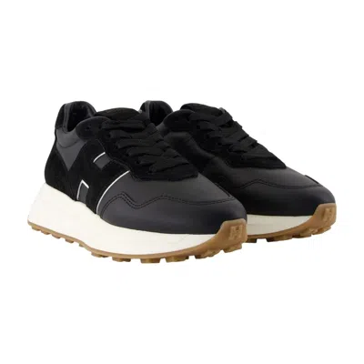 Hogan Streamlined Black Sneakers With Suede Texture In Black