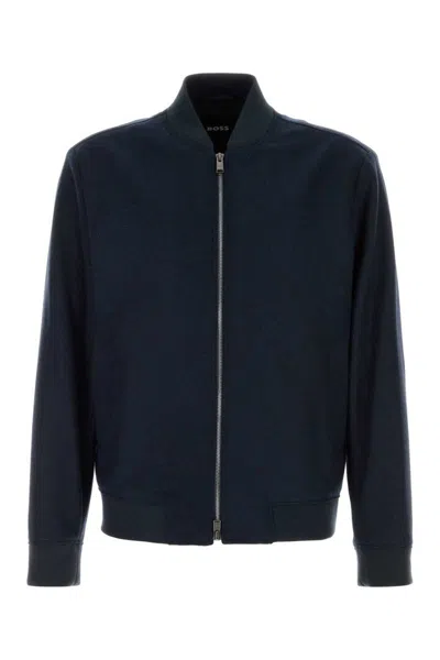 Hugo Boss Stretch Flannel Bomber Jacket With Ribbed Cuffs And Hem In Blue