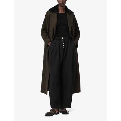 Allsaints Womens Millie Contrast-collar Wool-blend Coat Khaki Green In Green