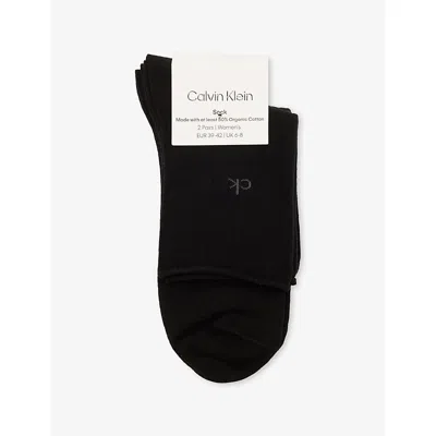 Calvin Klein Womens Roll-top Brand-text Pack Of Two Cotton-blend Knitted Socks Black Eur 39-42/6-9 Uk In Black