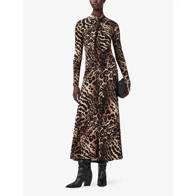 Allsaints Womens Mina Leopard-print Ruched-front Stretch-jersey Midi Dress Pardus Honey B In Multi