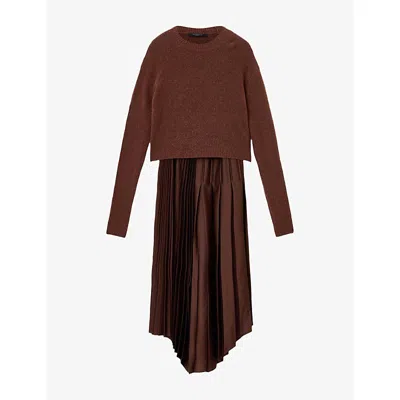 Allsaints Womens Jax 2-in-1 Pleated Maxi Dress Chestnut Brown In Brown