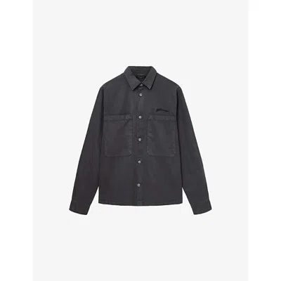 Allsaints Mens Rohdi Logo-embroidered Long-sleeve Woven Overshirt Parma Blue Xs In Black