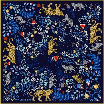 Jessie Zhao New York Double Sided Silk Scarf Of Amazon Rainforest Journey In Blue In Blue