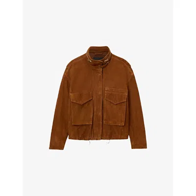 Allsaints Womens Clay Funnel-neck Relaxed-fit Suede Jacket Cognac Brown In Brown