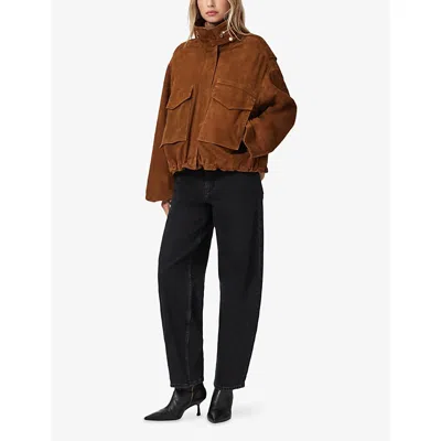 Allsaints Womens Clay Funnel-neck Relaxed-fit Suede Jacket Cognac Brown In Brown