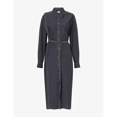 Lemaire Womens Asymmetrical Belted Cotton-poplin Midi Dress Charcoal In Blue