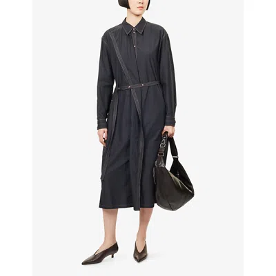 Lemaire Womens Asymmetrical Belted Cotton-poplin Midi Dress Charcoal In Blue