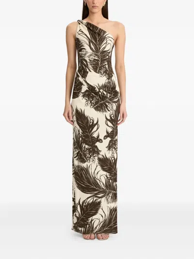 Oscar De La Renta Feather Jersey Maxi Dress In Brown