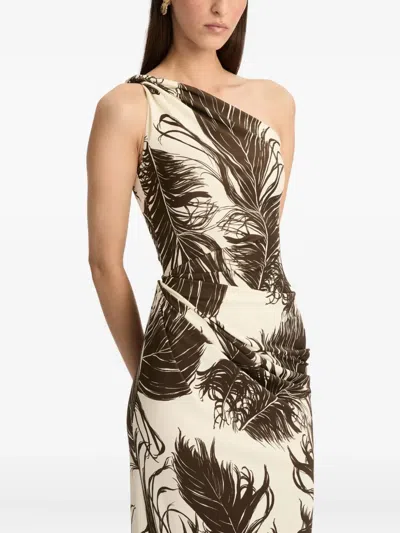 Oscar De La Renta Feather Jersey Maxi Dress In Brown