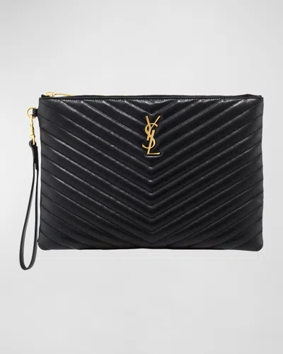 Saint Laurent Ysl Monogram Medium Pouch In Smooth Leather In Black