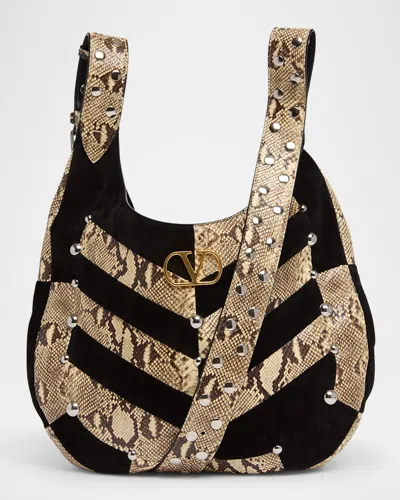 Valentino Garavani  Garavani Hoboho Small Hobo Bag In Python And Chevron-patterned Suede Wi In Black