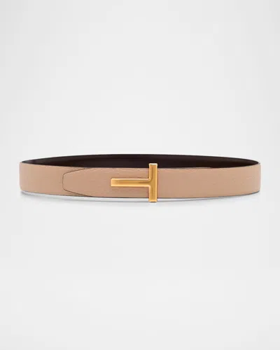 Tom Ford T Logo Leather Reversible Belt In Neutral