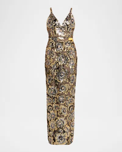 Bronx And Banco Allegra Sequined Sleeveless V-neck Gown In Multi