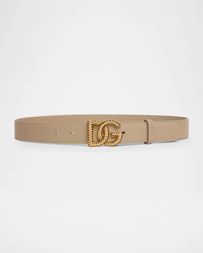 Dolce & Gabbana Leather Logo Buckle Belt In Neutral