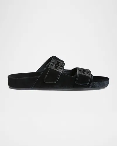 Tory Burch Mellow Pave Velvet Dual-buckle Slide Sandals In Black