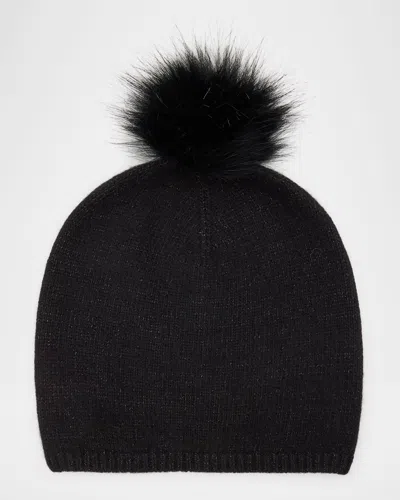 Carolyn Rowan Cashmere & Lurex Slouchy Beanie With Faux Fur Pom Pom In Black