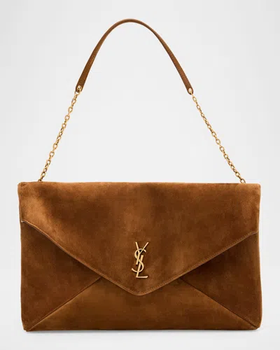 Saint Laurent Ysl Envelope Flap Shoulder Bag In Suede In Brown