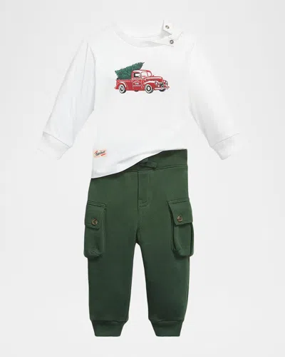 Ralph Lauren Boy's Truck-print Jersey T-shirt & Fleece Pants Set In Green