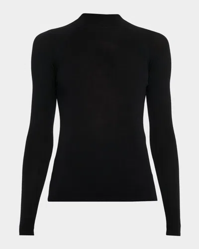 Majestic Mock-neck Merino Silk Micro Rib Knit T-shirt In Black