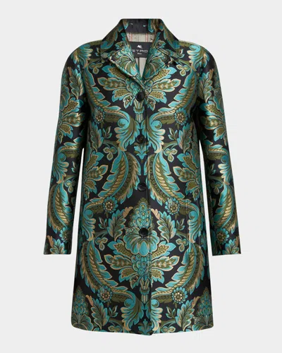 Etro Floral Jacquard Single-breasted Top Coat In Black