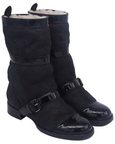 Pre-owned Chanel Women's Calfskin Leather Cc Shear-lined Quilted Mid-calf Boot(authentic  Pre-loved)