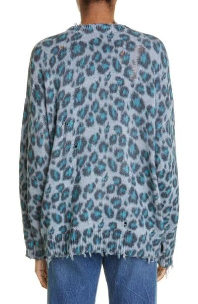 R13 Distressed Leopard Oversize Cotton Sweater In Blue