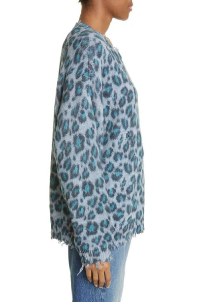 R13 Distressed Leopard Oversize Cotton Sweater In Blue