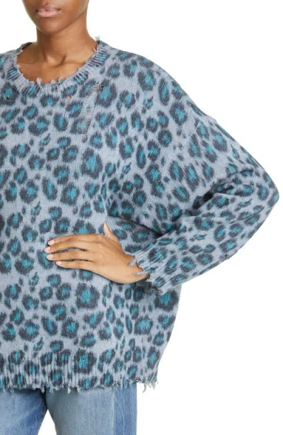 R13 Distressed Leopard Oversize Cotton Sweater In Blue