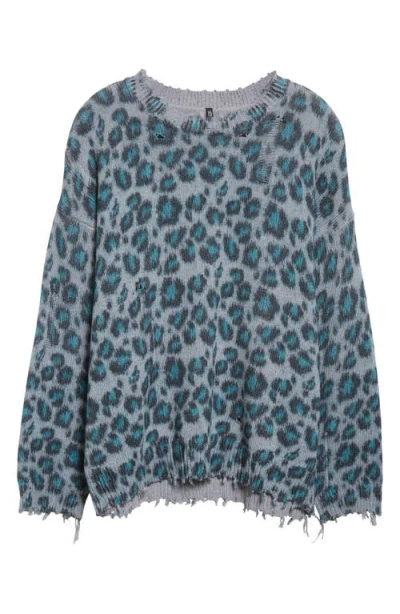 R13 Distressed Leopard Oversize Cotton Sweater In Blue