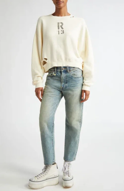 R13 Distressed Logo Graphic Crop Sweatshirt In Neutral