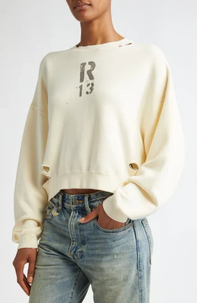 R13 Distressed Logo Graphic Crop Sweatshirt In Neutral