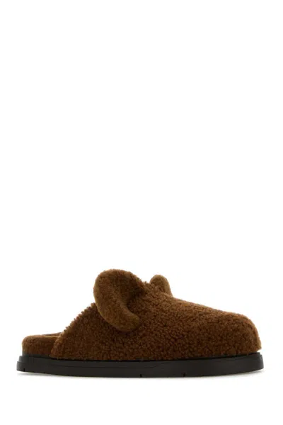Fendi Cozy Shearling Flat Sole Slippers In Brown
